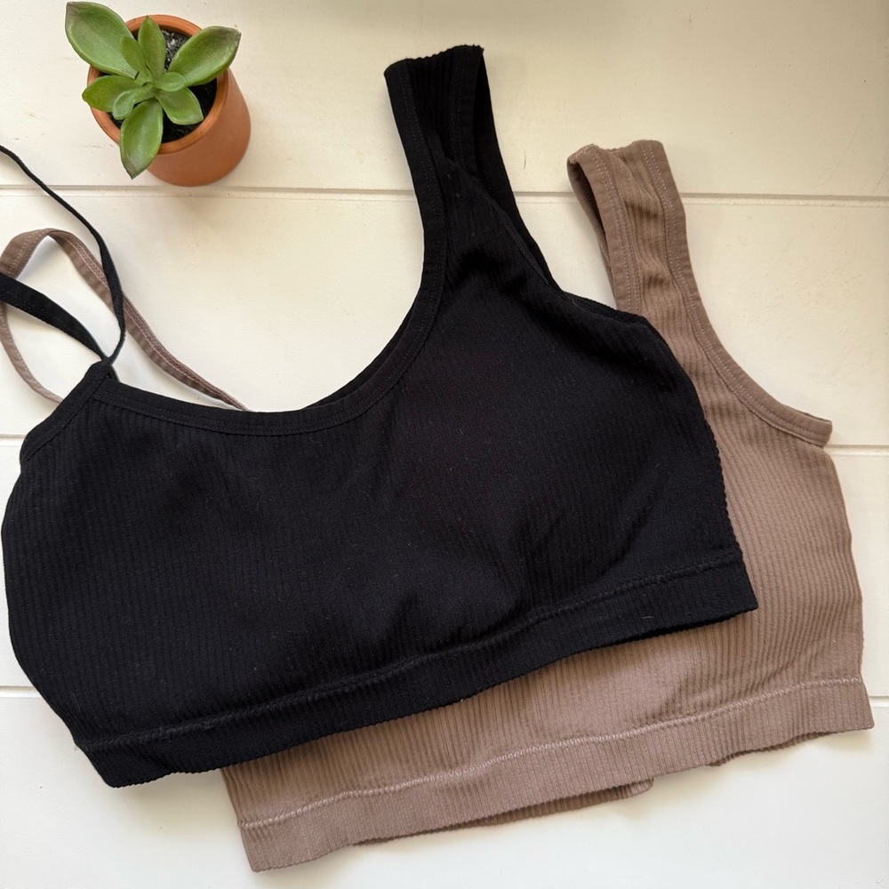 Women's Black and Brown Ribbed Bralette Set